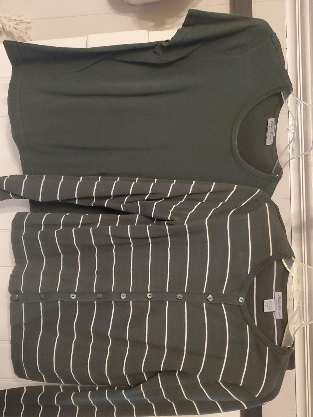 Eddie Bauer Olive Green Crewneck Sweater & Striped Cardigan Set